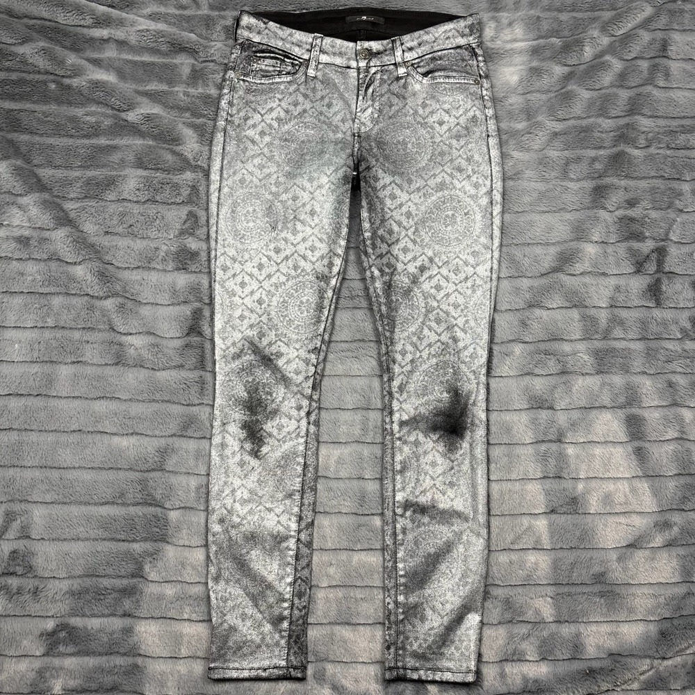7 For All Mankind Metallic Silver Black Geometric Mandala Skinny Jeans Size 25